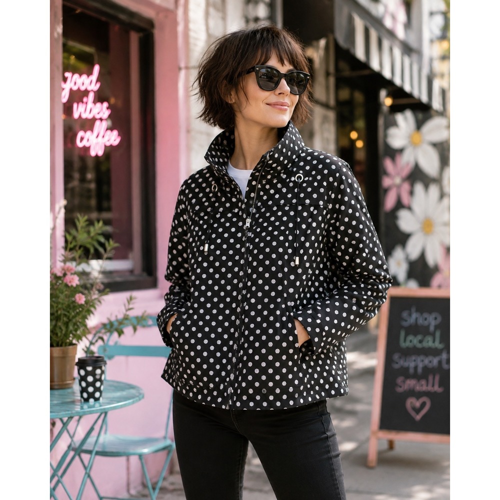 Studio Works Polka Dot Jacket Large Black White Funnel Neck Lightweight Cotton